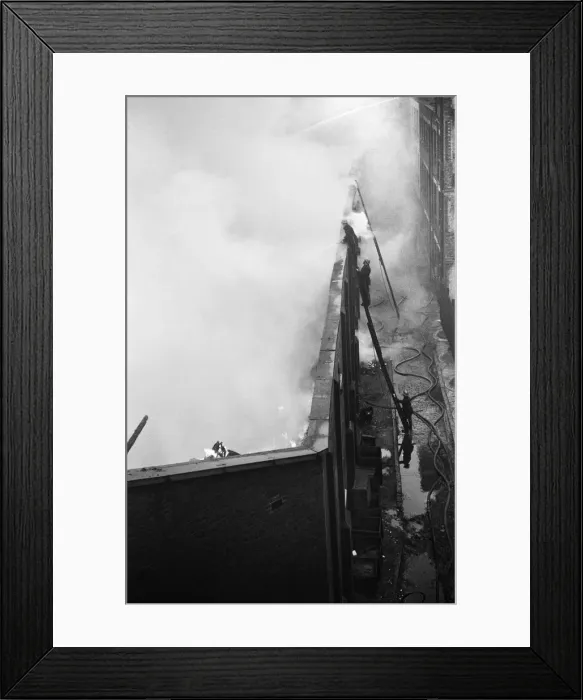 Framed Print : Firemen tackling a fire at Taylors Great Central Depository in St Georges Road Framed Print : Firemen tackling a fire at Taylors Great Central Depository in St Georges Road
