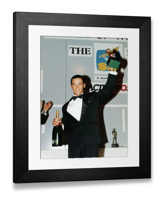 Framed Print : Frankie Dettori race horse jockey holds trophy and champagne Dbase
