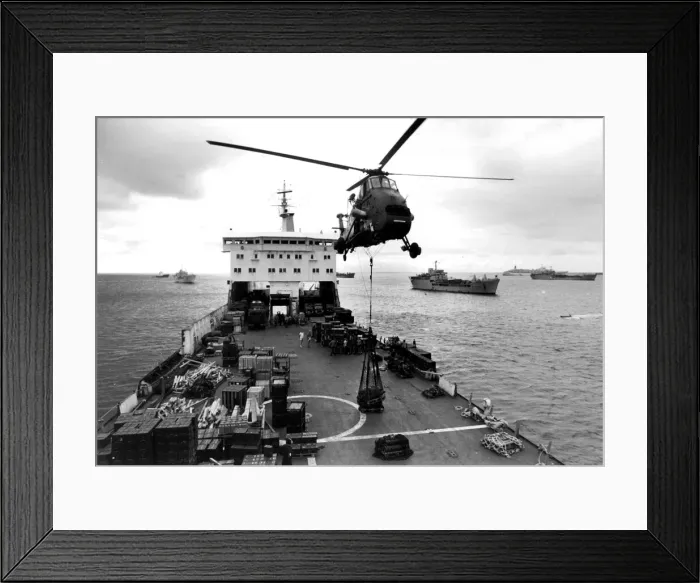 Framed Print : HELICOPTER LIFTING SUPPLIES FROM DECK OF SHIP DURING THE FALKLANDS WAR 1982 Framed Print : HELICOPTER LIFTING SUPPLIES FROM DECK OF SHIP DURING THE FALKLANDS WAR 1982