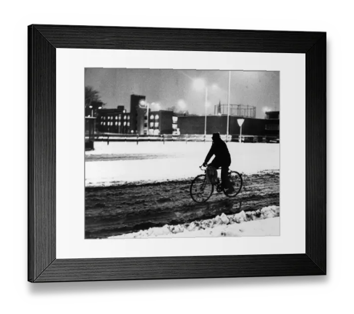 Framed Print : Cycling to work in the snow, Coventry, 8th February 1991 Framed Print : Cycling to work in the snow, Coventry, 8th February 1991