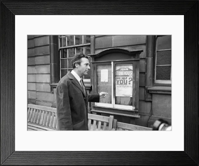 Framed Print : John Stonehouse Postmaster General and MP for West Bromwich outside post office in Framed Print : John Stonehouse Postmaster General and MP for West Bromwich outside post office in