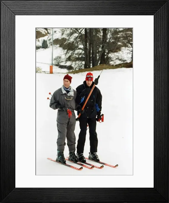 Framed Print : Prince Charles and Prince William on the ski slopes of Klosters. January 1998 Framed Print : Prince Charles and Prince William on the ski slopes of Klosters. January 1998
