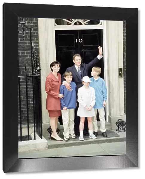 New Prime Minister Tony Blair with his wife Cherie and their children outside 10 Downing