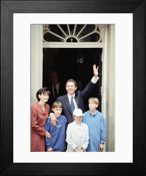 Framed Print : New Prime Minister Tony Blair with his wife Cherie and their children outside 10 Downing Framed Print : New Prime Minister Tony Blair with his wife Cherie and their children outside 10 Downing
