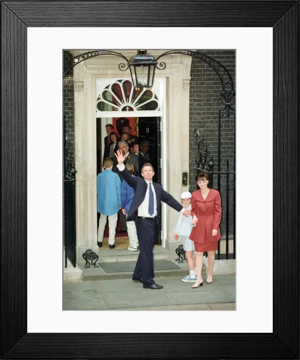 Framed Print : New Prime Minister Tony Blair with his wife Cherie and their children outside 10 Downing
