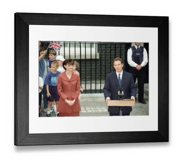 Framed Print : New Prime Minister Tony Blair with his wife Cherie outside 10 Downing Street after