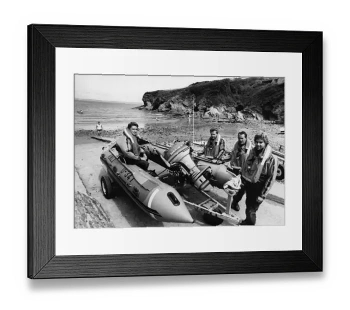 Framed Print : Crew of the 16 foot inflatable Little and Broad Haven lifeboat at Little Haven