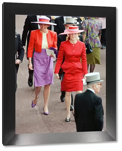 Princess Diana and Sarah Ferguson, the Duchess of York attend the first day of the Ascot