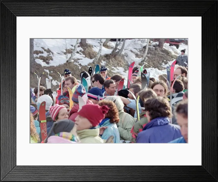 Framed Print : Prince Charles at the foot of a Swiss ski lift above Klosters Framed Print : Prince Charles at the foot of a Swiss ski lift above Klosters