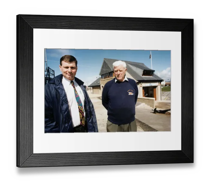 Framed Print : Philip Missen, Hon Secretary at Porthcawl lifeboat station with John Williams MBE