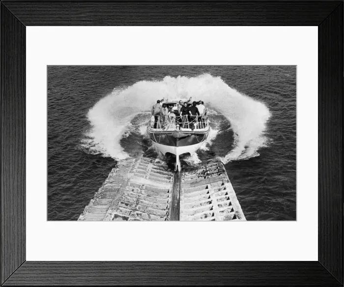 Framed Print : After 27 years of gallant service, the William Gammon lifeboat plunged down its slipway Framed Print : After 27 years of gallant service, the William Gammon lifeboat plunged down its slipway