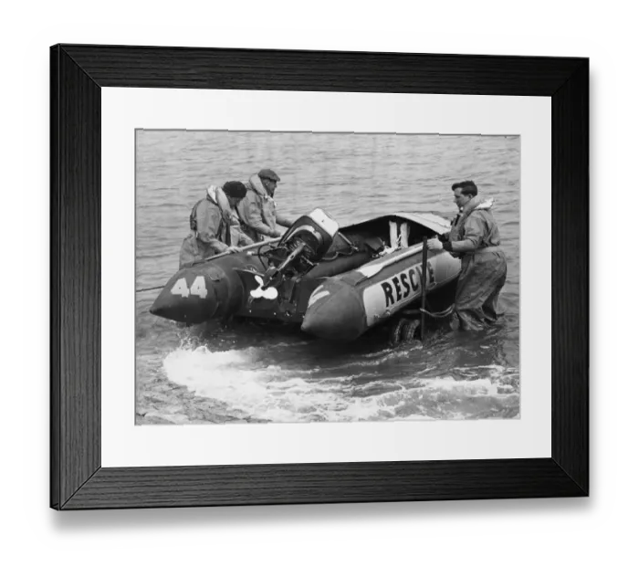 Framed Print : A 16ft rubber inshore rescue craft belonging to the Mumbles lifeboat team begins its Framed Print : A 16ft rubber inshore rescue craft belonging to the Mumbles lifeboat team begins its
