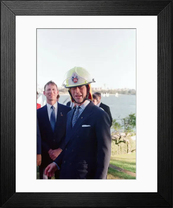 Framed Print : Prince Charles in Sydney, pictured wearing a fire fighters helmet. Sydney, Australia Framed Print : Prince Charles in Sydney, pictured wearing a fire fighters helmet. Sydney, Australia