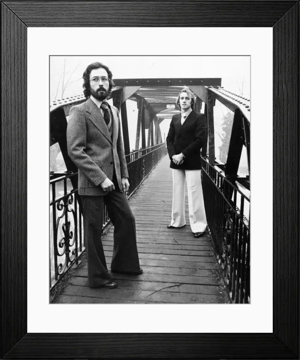 Framed Print : Mens Fashion, Cambridge, February 1977 with male models Jon and Julian wearing flares