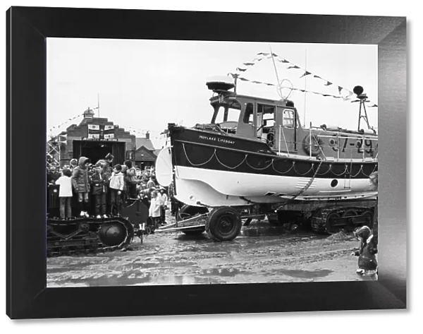 The Hoylake lifeboat Mary Gabriel displayed on the beach for visitors at the Hoylake