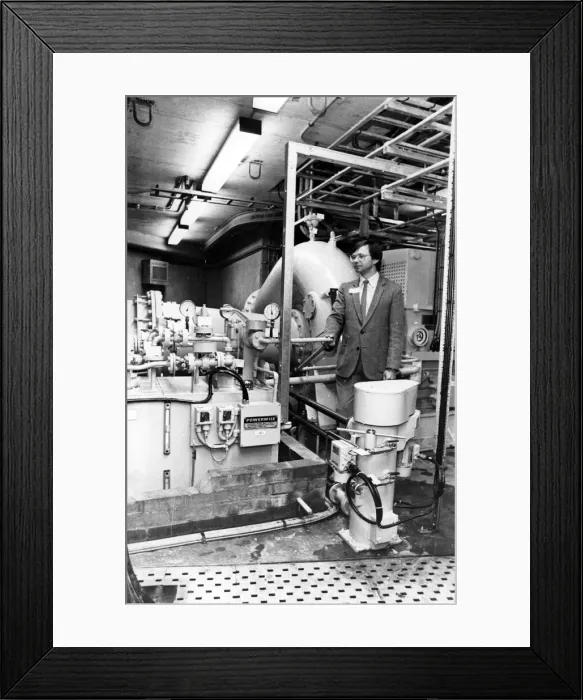 Framed Print : George Darling, with Kielder Water hypo-electric generating equipment. 30th October 1985