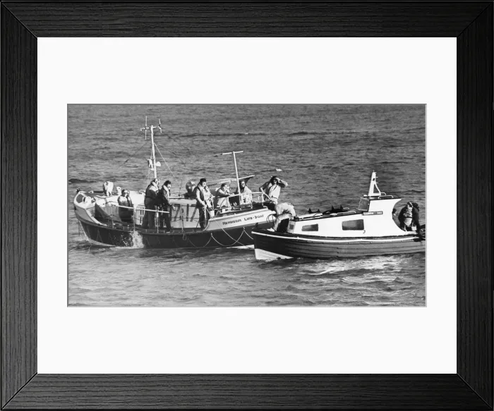 Framed Print : The RNLI lifeboat, The Mary Joicey, arrives back at harbour with a Blyth fishing boat in Framed Print : The RNLI lifeboat, The Mary Joicey, arrives back at harbour with a Blyth fishing boat in