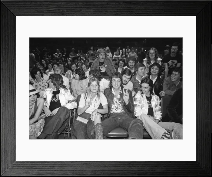 Framed Print : Paul and Linda McCartney and other members of the band Wings seen here at Madison Square