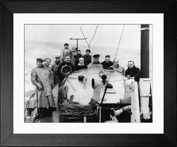 Framed Print : The crew of the Teesmouth lifeboat assemble on deck during a practice trip
