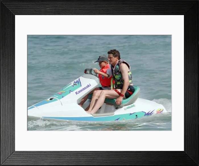 Framed Print : Prince Harry on a jet ski while on holiday in Marbella, Spain, July 1994