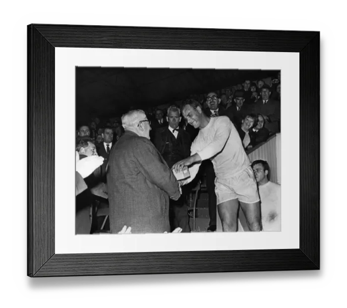 Framed Print : John Charles, Player Manager of Hereford United receives Welsh Cup Runners Up trophy Framed Print : John Charles, Player Manager of Hereford United receives Welsh Cup Runners Up trophy