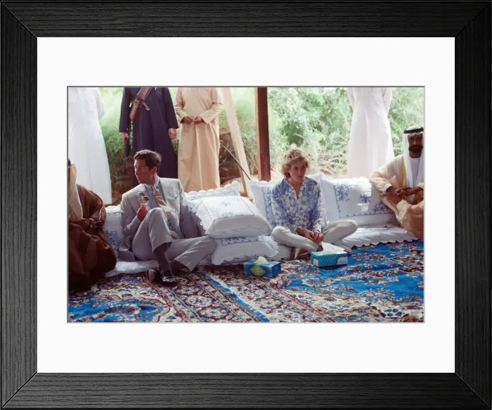 Framed Print : Prince Charles and Princess Diana attend a picnic in the desert at Al Ain