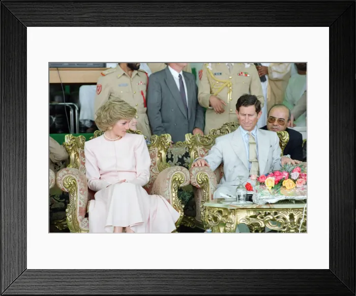 Framed Print : Prince Charles and Princess Diana visit a camel race at Al Maqam