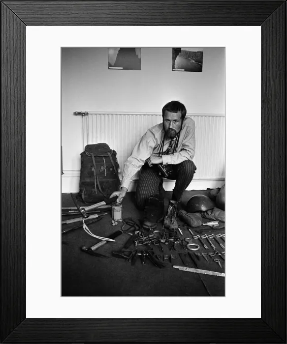 Framed Print : Mountaineer Chris Bonington surrounded by some of the equipment he will take on his next Framed Print : Mountaineer Chris Bonington surrounded by some of the equipment he will take on his next