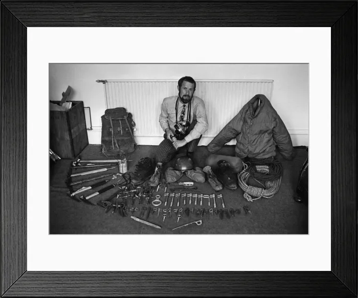 Framed Print : Mountaineer Chris Bonington surrounded by some of the equipment he will take on his next Framed Print : Mountaineer Chris Bonington surrounded by some of the equipment he will take on his next