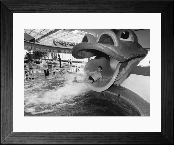 Framed Print : Straight from the Dragons mouth. A young visitor enjoys the Giant Dragon water chute Framed Print : Straight from the Dragons mouth. A young visitor enjoys the Giant Dragon water chute