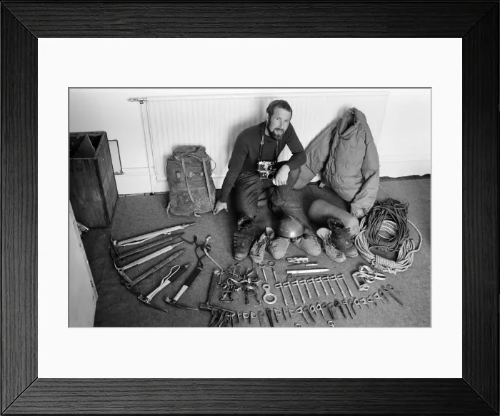 Framed Print : Mountaineer Chris Bonington surrounded by some of the equipment he will take on his next Framed Print : Mountaineer Chris Bonington surrounded by some of the equipment he will take on his next