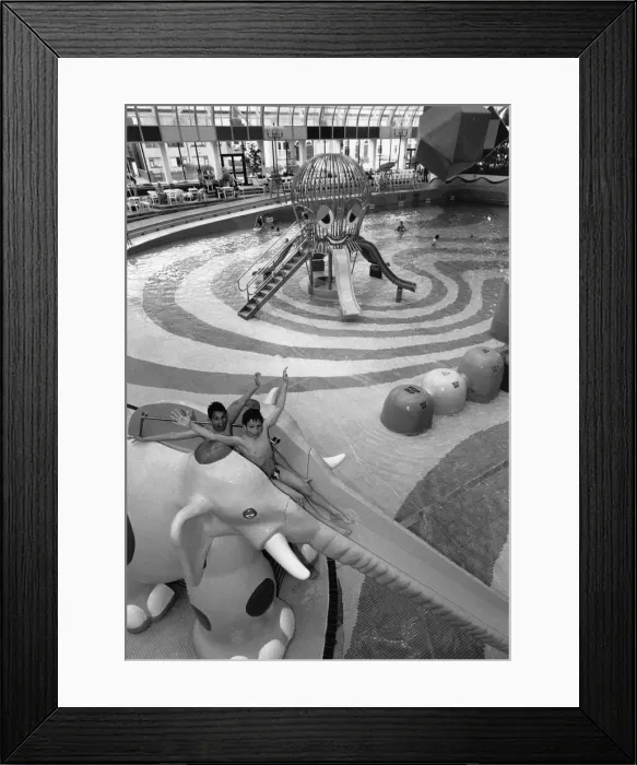 Framed Print : Two young visitors enjoys the Elephant water chute at Rhyl Suncentre. 23rd May 1996 Framed Print : Two young visitors enjoys the Elephant water chute at Rhyl Suncentre. 23rd May 1996