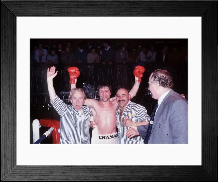 Framed Print : Ken Buchanan boxer arms raised after win with seconds in ring Framed Print : Ken Buchanan boxer arms raised after win with seconds in ring