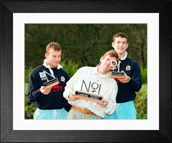 Framed Print : Kenny Dalglish, Manager of Blackburn Rovers, presents his two strikers Alan Shearer