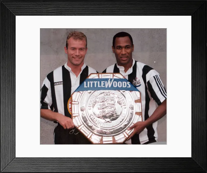 Framed Print : Alan Shearer and Les Ferdinand of Newcastle holding the charity Shield before Sundays Framed Print : Alan Shearer and Les Ferdinand of Newcastle holding the charity Shield before Sundays