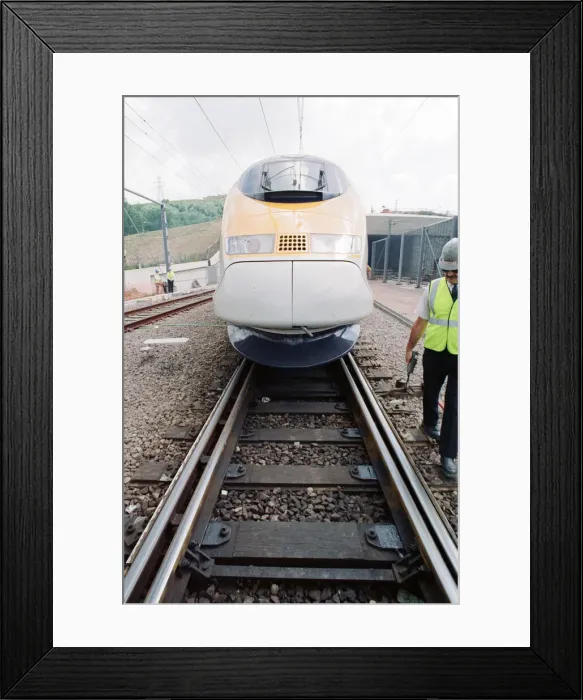 Framed Print : The first Eurostar test train hauled through the Channel Tunnel from France to Britain Framed Print : The first Eurostar test train hauled through the Channel Tunnel from France to Britain