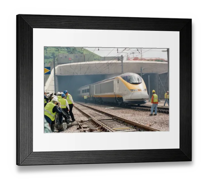 Framed Print : The first Eurostar test train hauled through the Channel Tunnel from France to Britain