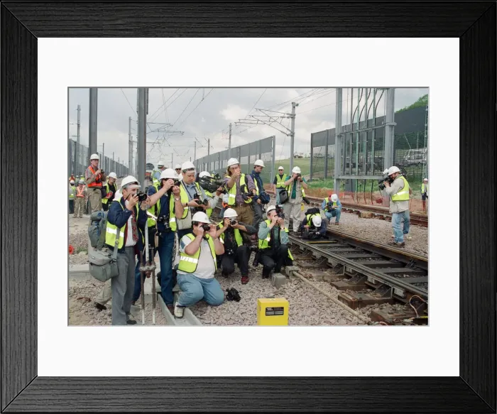 Framed Print : The first Eurostar test train hauled through the Channel Tunnel from France to Britain Framed Print : The first Eurostar test train hauled through the Channel Tunnel from France to Britain