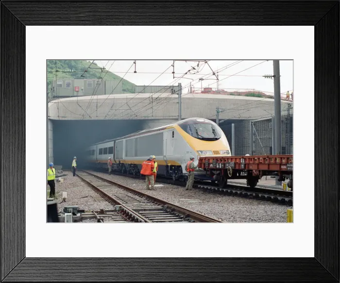 Framed Print : The first Eurostar test train hauled through the Channel Tunnel from France to Britain