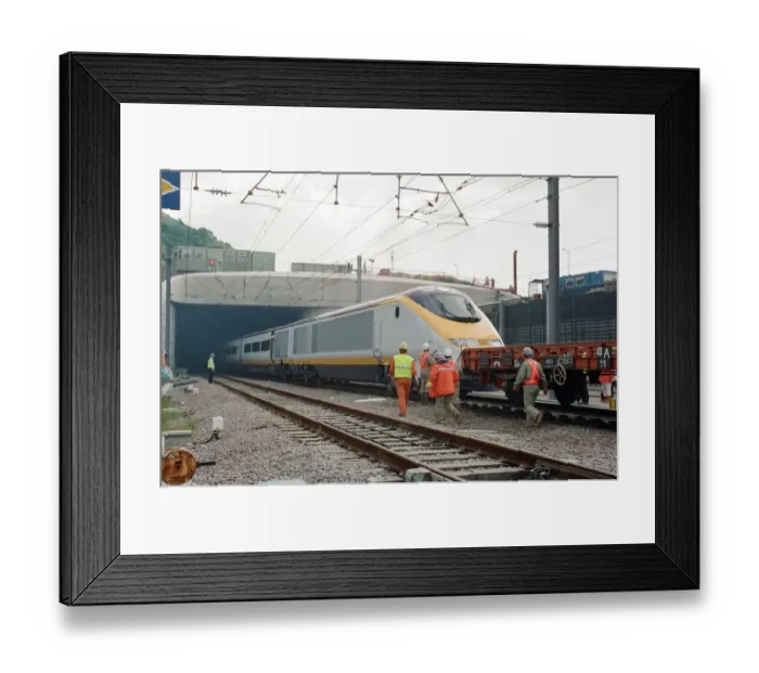 Framed Print : The first Eurostar test train hauled through the Channel Tunnel from France to Britain Framed Print : The first Eurostar test train hauled through the Channel Tunnel from France to Britain