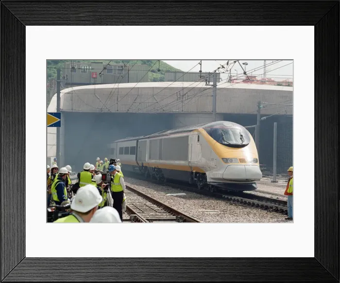 Framed Print : The first Eurostar test train hauled through the Channel Tunnel from France to Britain Framed Print : The first Eurostar test train hauled through the Channel Tunnel from France to Britain