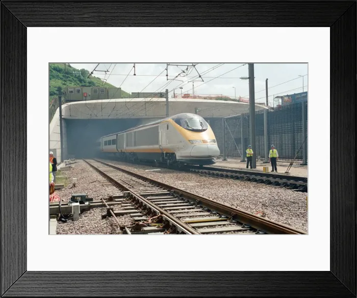 Framed Print : The first Eurostar test train hauled through the Channel Tunnel from France to Britain Framed Print : The first Eurostar test train hauled through the Channel Tunnel from France to Britain