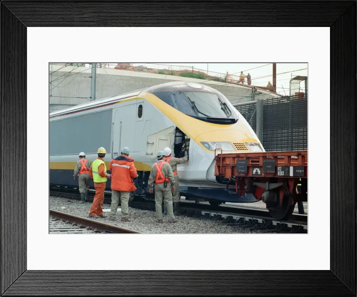 Framed Print : The first Eurostar test train hauled through the Channel Tunnel from France to Britain Framed Print : The first Eurostar test train hauled through the Channel Tunnel from France to Britain