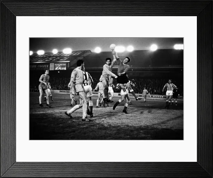 Framed Print : Reading v Bristol 29th April 1966 Bristol goalkeeper Bernard Hall duels with Framed Print : Reading v Bristol 29th April 1966 Bristol goalkeeper Bernard Hall duels with