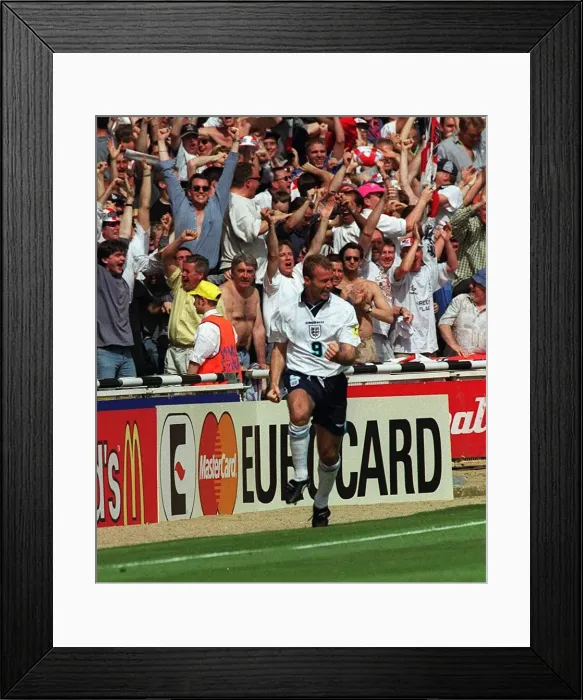 Framed Print : Alan Shearer of England celebrates after scoring against Scotland during the European