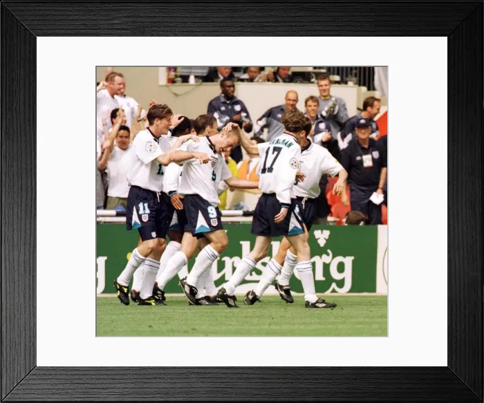 Framed Print : England celebrate Alan Shearers goal during the opening match of the European Football Framed Print : England celebrate Alan Shearers goal during the opening match of the European Football