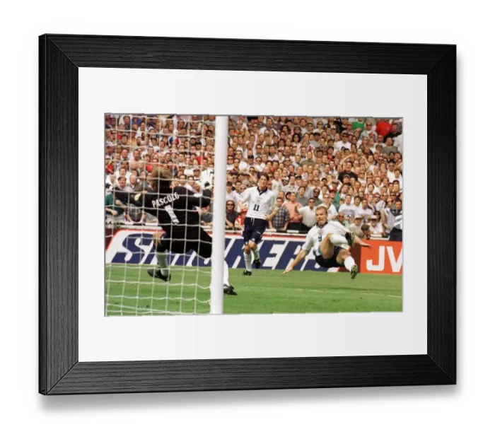 Framed Print : Alan Shearer scores the first goal in the Englands first European Football Championships Framed Print : Alan Shearer scores the first goal in the Englands first European Football Championships