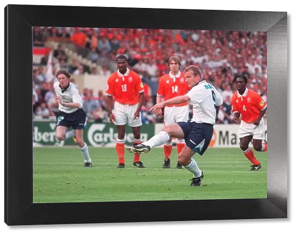 Alan Shearer scores Englands first goal during the England Holland Euro 96 match at