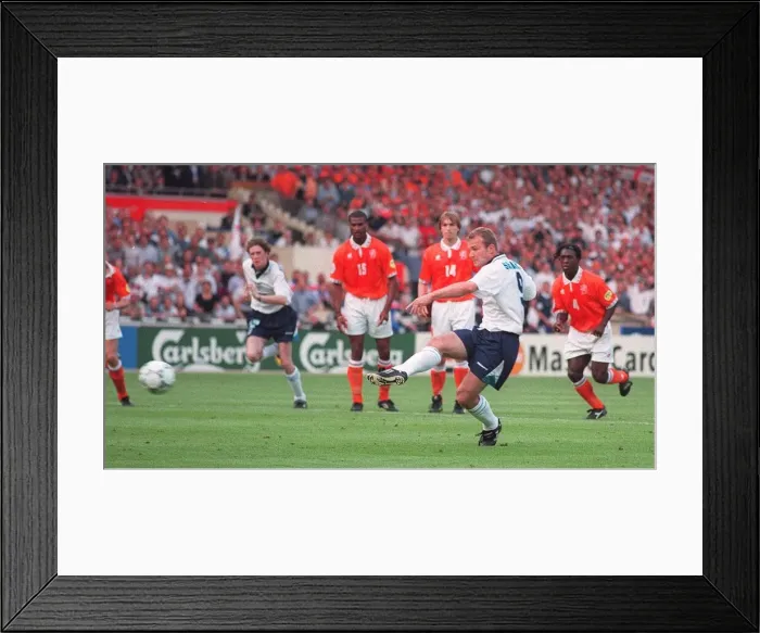 Framed Print : Alan Shearer scores Englands first goal during the England Holland Euro 96 match