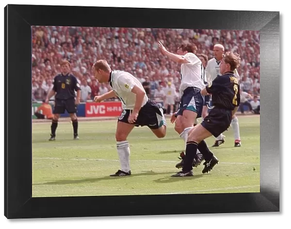 ALAN SHEARER HEADERS THE BALL TO SCORE HIS GOAL FOR ENGLAND AGAINST SCOTLAND IN THEIR